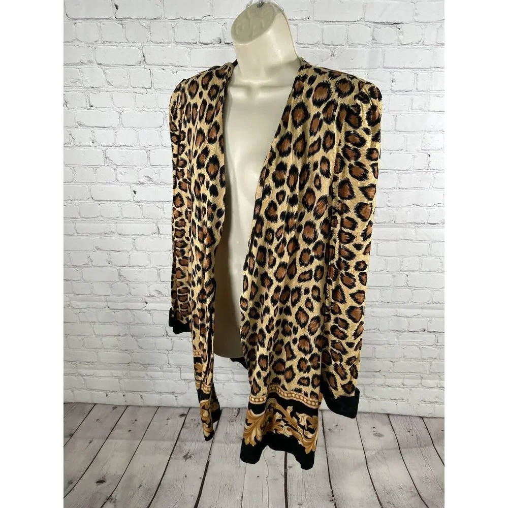 VTG Periwinkle Cheetah Print Shoulder Pad Open Front Long Sleeve Cardigan USA 18